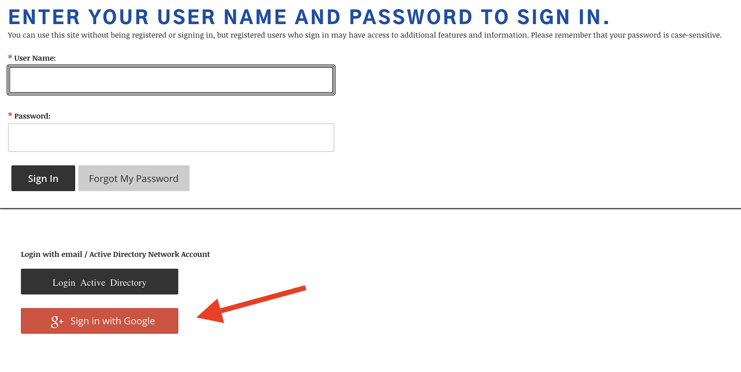 Screenshot of sign in screen with arrow pointing to Sign in with Google